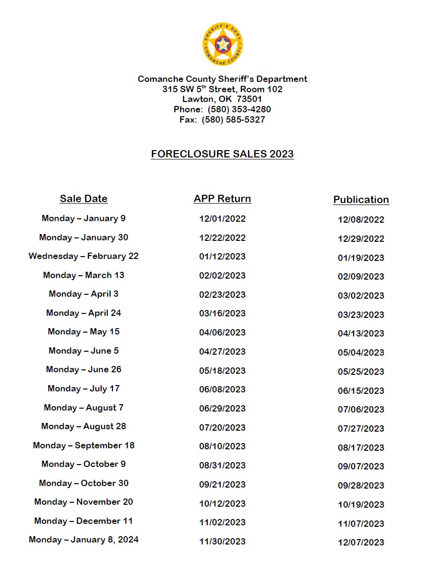 Comanche County Sheriff House Sale Dates for 2023